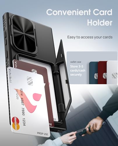 Image of Vihibii for Samsung Galaxy S24 Ultra Back Cover with Card Holder (4 Cards) & Stand & Camera Protective Cover, Hard Back Soft Edge Shockproof Kickstand Phone Case for Samsung S24 Ultra 6.8 inch, Black