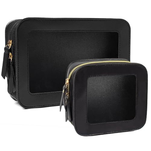 2 Pcs Clear Makup Bag Set, Clear Cosmetic Bags with Zipper Waterproof Small Travel Cosmetic Case Cute Make Up Pouch Mini Car Essentials for Women Travel Car Organizer (Black Set)