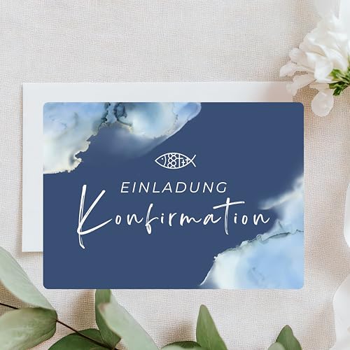 Lilly Braun Einladungskarten Konfirmation Blau mit Umschlag 10er Set | Moderne Konfirmationskarten für Jungen & Mädchen | Hochwertige 280g Karten