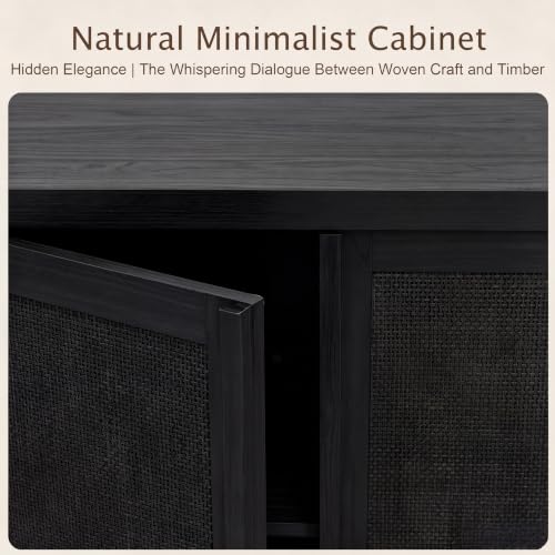 Image of Yechen 67 inch Tall Kitchen Pantry Cabinet, Rattan Storage Cabinet with Solid Wood Integrated Handleand Adjustable Shelves, Cupboard with Doors for Livingroom, Bathroom,Dining Room, Dark Black