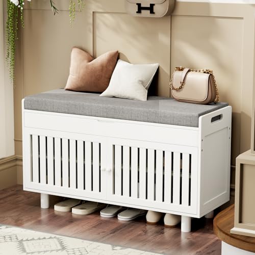 Storage Bench, Bamboo Shoe Bench with Padded Seat Cushion & 2 Doors, 2-Tier Entryway Bench with Lift Top Hidden Storage, 35.4' W x 12.6' D x 19.7' H, Shoe Rack Cabinet for Entryway, Living Room, White