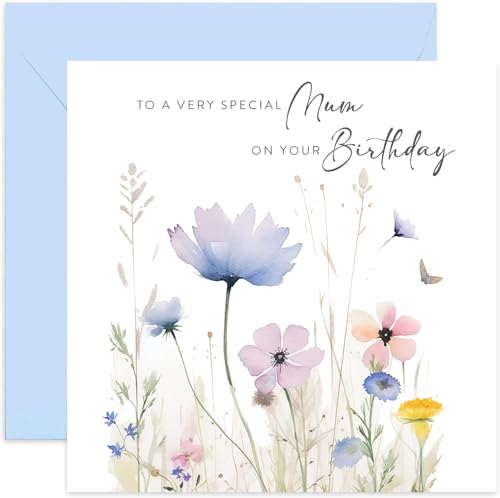 Old English Co. Very Special Mum Birthday Wishes Card - Happy Birthday Card for Her - Watercolour Artwork Flower Meadow Female Birthday Card for Family | Blank Inside