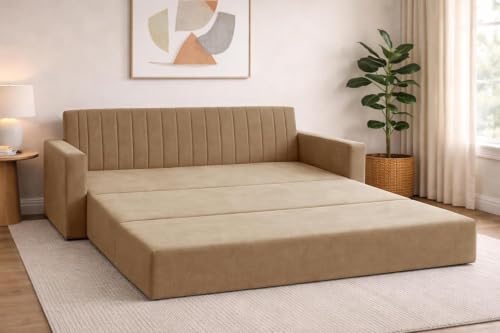 Image of Sofa-Cum-Bed | Three Seater Foldable Sofa Bed Couch with Armrest | Velvet Fabric Sofa for Living Room, Bedroom & Office- Golden Color