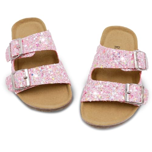 Girls Cork Footbed Slides Sandals Toddler Glitter Summer Non-slip Adjustable Double Buckle Sandals Kid Open Toes Casual Flat Slippers 6