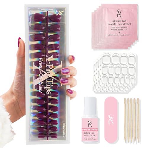 SXC Cosmetics Press On Nails - 013 Velvet Plum | X5 Signature Series - XS Almond X-Pro Tips Fake Nails Salon Quality Nails 16 Sizes - 160 pieces Nail Kit with Glue