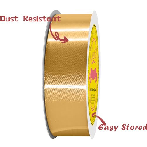 Image of Double Face Old Gold Satin Ribbon 1-1 /2 inch X 50 Yards Polyester Old Gold Ribbon for Gift Wrapping Very Suitable for Weddings Party Hair Bow Invitation Decorations and More