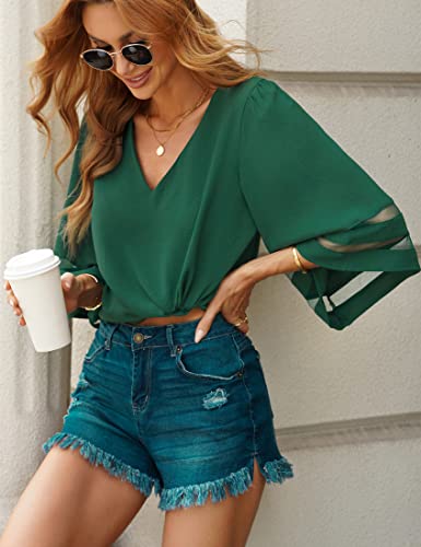 Luvamia blusa feminina casual gola V manga 3/4 sino painel de malha camisas solta, Verde, Medium