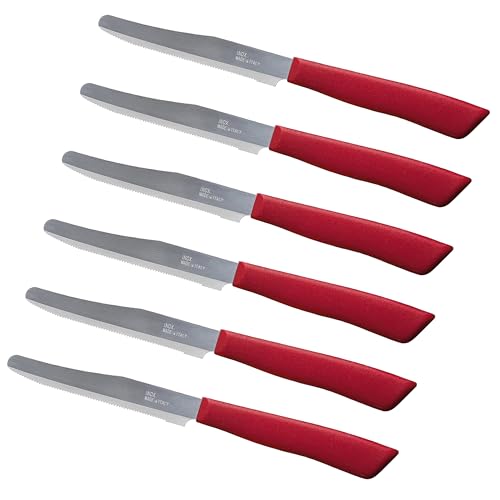 Tredoni 6 Kitchen Knives - 11cm Italian Stainless Steel Serrated Vegetable/Steak/Table Knife Cutlery, Rounded Tip (Red)