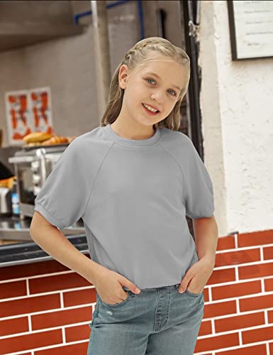 Simtuor Kids Girls Basic T-Shirt Short Puff Sleeve Cute Solid Casual Loose Pullover Ribbed Cuffs Hem Tees Size 4-13Years Gray #TOP3