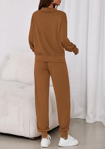 Image of PRETTYGARDEN Women 2 Piece Ribbed Knit Matching Lounge Sets | Comfy Sweat Track Suits, Athleisure Casual Outfit, Half Zip Sweatshirt & Jogger Pants, Fall Winter Clothes for Airport Travel