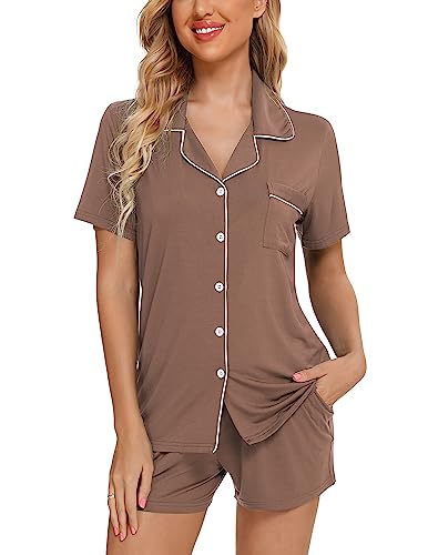Image of Pjmlifecoco Women's Modal Pajama Set Short Sleeve Button Down Two Piece Soft Sleepwear with Shorts Loungewear S-XXL