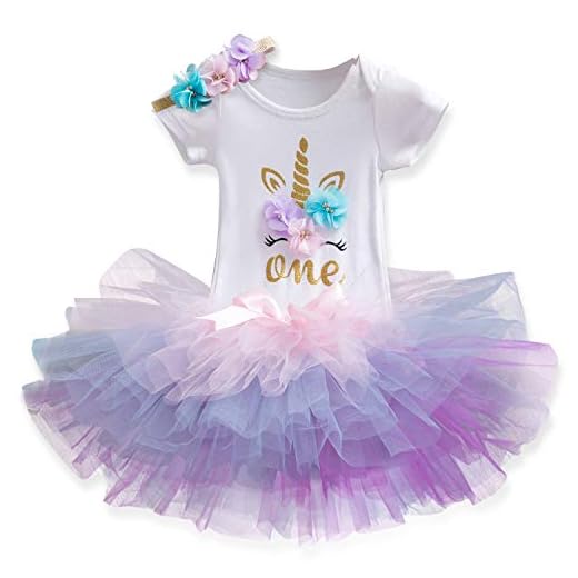 TTYAOVO Bebé Niña 1er cumpleaños 3pcs Conjuntos con Diadema de Unicornio y Mameluco y Faldas (Melocotón, 1 año)