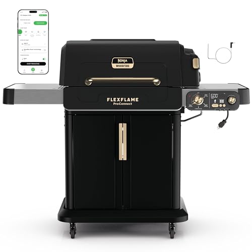 Ninja FlexFlame ProConnect Grill & Smoker | 5-in-1 Smart Cooking System | Electric & Propane | App-Connected | 3-Burner Digital Control | Roast, Griddle & Pizza Maker | Black/Gold | PG305