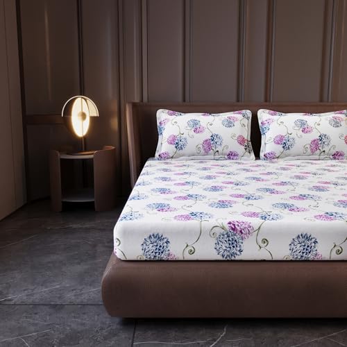 Image of Divine Casa 144 TC 100% Cotton King Size Bedsheet with 2 Pillow Covers | Soft Breathable Printed Cotton Bedsheet for King Size Bed | Bedding Set | 270 x 270 cm (Blue Pink, Floral)
