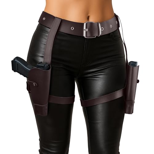 Thigh Holster for Women, Adjustable PU Leather Leg Holster and Belt Gun Holster Belt Costume Halloween Cosplay Policewoman Costume (Brown)