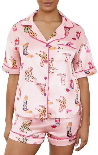 Image of Yiulangde Women's Easter Pajamas 2 Piece Sets Satin Short Sleeve Preppy Easter Eggs Bunny PJs Outfit Button Up Loungewear Set