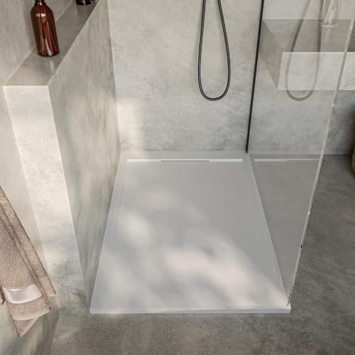 SOULBATH Plato de Ducha Extraplano Antideslizante – Resina Gel Coat - Textura Liso/Piedra – BLANCO ROTO - 170X70 - Rejilla integrada mismo color - Incluye Válvula de desagüe