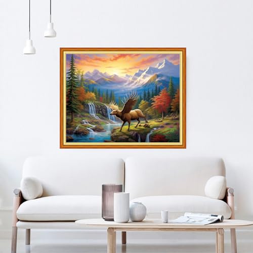 Image of DMCVIVR Stamped Cross Stitch Kits for Beginners Adults Needlepoint Kits for Beginners Embroidery Kits for Adults Crossstitch Kit for Beginners 11CT-Elk Scenery 16x20 inchs