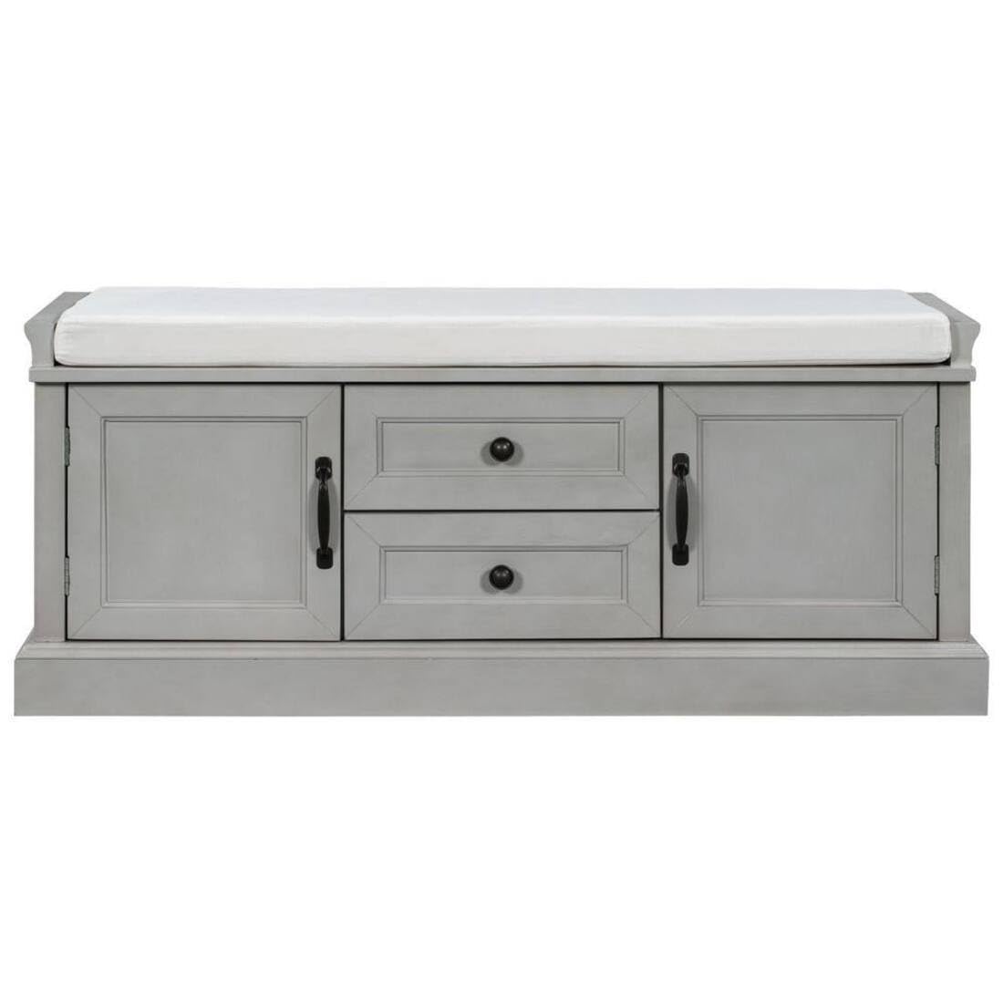 Photo 1 of Huluwat Gray Wash Pine Wood Frame and Legs MDF Panels Shoe Storage Bench with Removable Cushion 2-Drawers and 2-Cabinets DJ-F-WF288172AAE