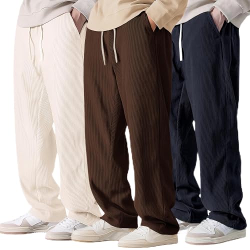 Image of Preneum Men Mid Rise Poly Cotton Loose Fit Trouser || Korean Style Travel & Lounge Wear with Pockets (Available in Plus Size) (Combo Pack of 3)