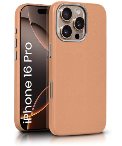 Image of WOW IMAGINE Back Cover for iPhone 16 Pro | Shockproof Tough Leather Texture Hard Mobile Case | Ultra Slim Non-Slip Grip | Inner Velvet Fabric | Metal Camera Ring - Tan Brown