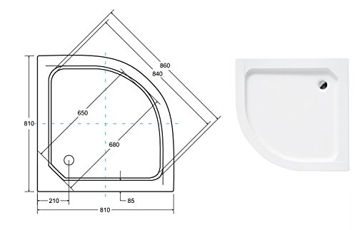 VBChome plato de ducha cuarto de círculo 80x80 cm ALEX delantal acrílico integrado + pies + desagüe fi 50 plato de ducha para cabina de ducha plana
