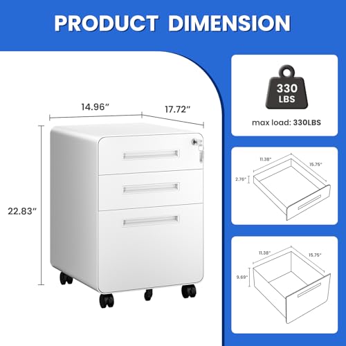 Image of MIIIKO Mobile Filing Cabinet 3 Drawer, White Small File Cabinet with Lock Under Desk, Filing Cabinets for Home Office with Wheels, A4 /Letter /Legal Hanging File Folders
