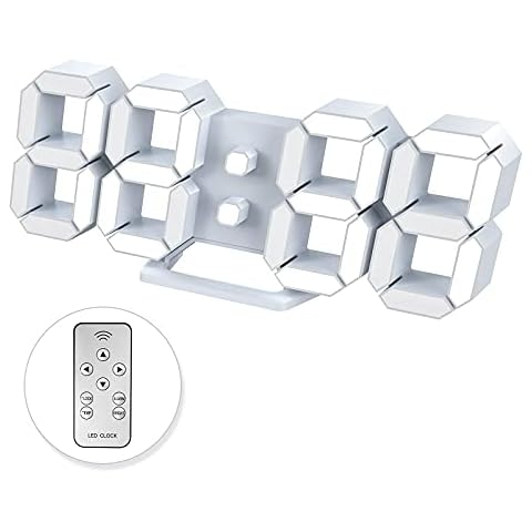 Led Digital Wall Clock 3D Small Alarm Clock Home Decor Snooze No Noise Dimmable Time Memory 12/24 Date Temperature Display Remote Control Night Light Office Kitchen Bedroom living Room 25.2cm White Cover