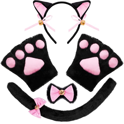 Spooktacular Creations 5 Pcs Kitten Black Kitty Cat Costume Accessories with Cat Ears Headband, Paws Gloves, Bow Tie, Tail for Adult, Kids, Cosplay, Halloween Party Dress Up Set