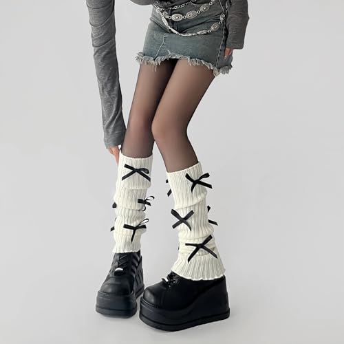 Image of Leg warmers Y2k Wind with bow lace-up knit Harajuku Kawaii leg warmers accessories 80's vintage high leg socks