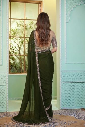Image of Women's Bollywood Heavy Sequins Embroidery Work Georgette Saree with Unstitched Blouse