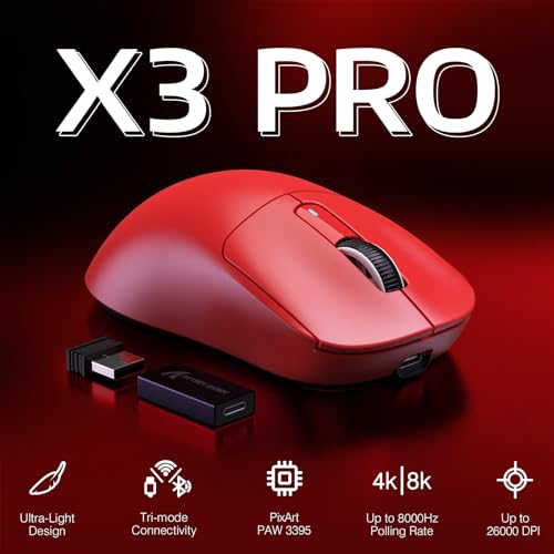 Image of ATTACK SHARK X3PRO 4K /8K Lightweight Wireless Gaming Mouse with Tri-Mode(Wired /2.4GHz /BT),PAW3395 Optical Sensor,26K DPI,Kailh GM8.0 Switch,Long Battery,7 Buttons for PC /Laptop /Win /Mac(Red)