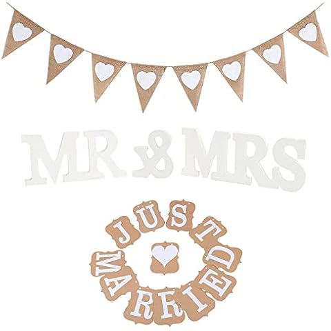 Dtoterul Hochzeitsdeko 3 Stück Hochzeit Girlande Deko Hochzeit Vintage Wimpelkette Leinen Herz Wimpelkette Jute Stoff Just Married Girlande Hochzeit Wimpelkette Buchstaben Holz Hochzeitsdeko Cover