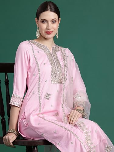 Image of INDO ERA Womens Silk Blend Embroidered Straight Kurta Pant Dupatta Set (KH9BP6006)