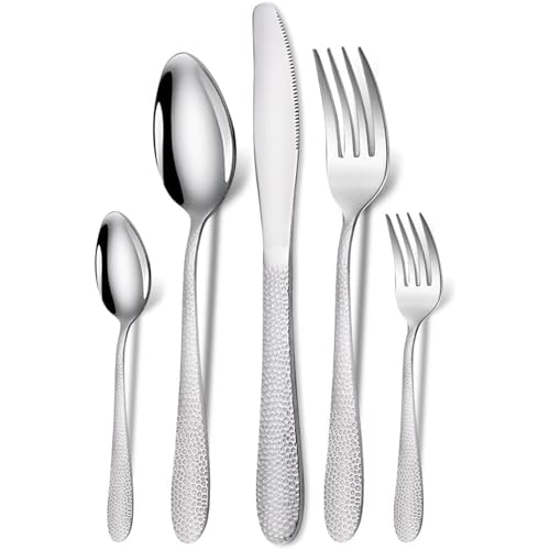 Image of aDai Hammered Sterling Silver Silverware Set | 5-Piece Premium Stainless Steel Flatware Set | Dishwasher Safe Cutlery Set for Home, Restaurant & Gifting