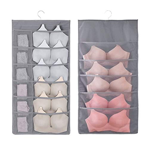 EQLEF Unterwäsche Organizer Hängend, Doppelseite Oxford Cloth Wardrobe Storage Organizer Mesh Pocket Platzsparend für BH Unterhosen Socken 2Pack (30 Raster, 15 Raster)
