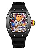 Gosasa Men’s Fashion Colorful Smiley Face Watch – Trendy Creative Big Face Tonneau Men Wristwatch with Silicone Strap, Unique Cool Luminous Design Gift Watch (Black)