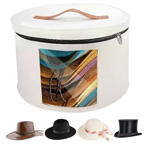 NASSMOSSE Caja de sombrero redonda con tapa con cremallera y ventana visual de 16x10 pulgadas de sombrero con mango Organizador de almacenamiento de fieltro portátil para hogar, viaje, blanco