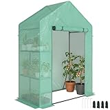 Outsunny Gartengewächshaus mit Rolltür und Regal mit 2 Ablagen, Gewächshaus für den Gemüsegarten mit Stahlkonstruktion und PE-Abdeckung, für Pflanzen, Gemüse, Blumen, Obst, UV-Schutz, 143 x 73 x 195