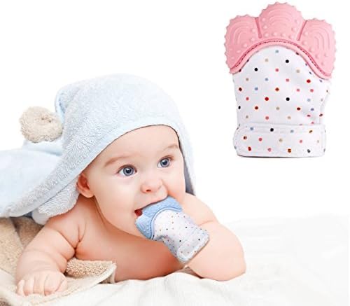 Teething Mitten, Sinhanker Self Soothing Silicone Teether Glove for 3M-18M Babies,Sensory Crinkle Chew Toy Mitt with Velcro Straps for Infants and Toddlers(Pink)
