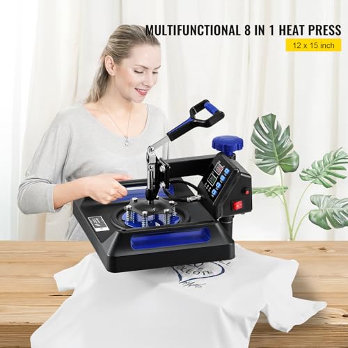 Image of VEVOR Heat Press Machine 12 x 15 Inch 8 in 1 Heat Press Sublimation Machine 360 Rotation Swing Away 8 in 1 Shirt Printing Machine Dual-Tube Heating for DIY T-Shirts Cap & Mugs Blue
