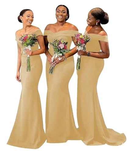 Off Shoulder Mermaid Bridesmaid Dresses for Wedding Satin Formal Evening Gowns Bodycon Prom Dress with Train