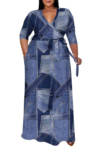 Image of Runwind Plus Size Dress for Women - 3 /4 Sleeve V Neck Maxi Dresses for Women (XL-6XL)