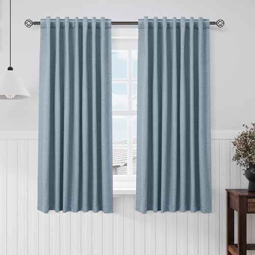 Image of Nanspring Blue 100% Blackout Linen Curtains 63 Inch Length for Bedroom Back Tab Thermal Insulated Luxury Modern Farmhouse Decor Black Out Curtain for Living Room Dining Room Drapes 52x63, 2 Panels