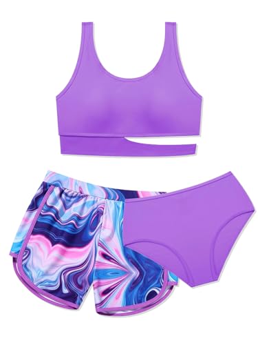Image of Girls Swimsuit 3 Piece High Waist Sport Bathing Suit Quick Dry Bikini Tankini Sets with Shorts for 7-16