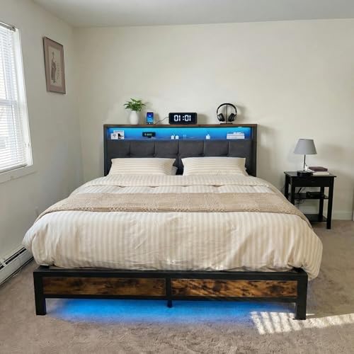 Image of Homkdom King Bed Frame,Upholstered Storage Headboard,Charging Station,Brown | LED Linghts, 12 inch Under-Bed Storage,2AC Outlets&1USB-C&1USB-A,Noise-Free,Quick Assembly,Supports up to 1100 lbs