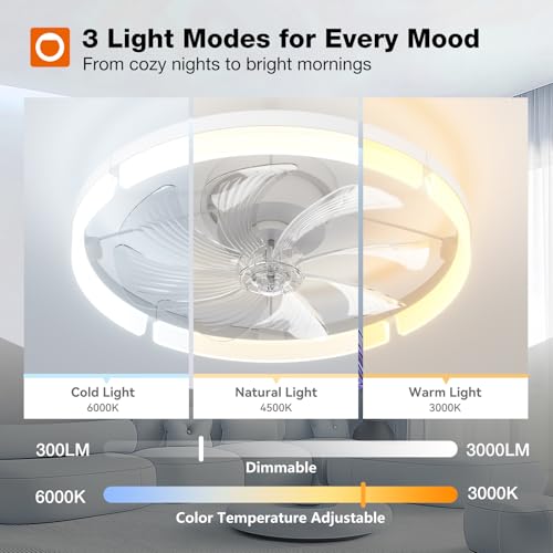Image of addlon Ceiling Fans with Lights and Remote, 20'' Low Profile Ceiling Fans, 3000-6000K Dimmable Modern Flush Mount LED Fan Light, Fandelier Ceiling Fan for Bedroom, Kitchen, Living Room, White