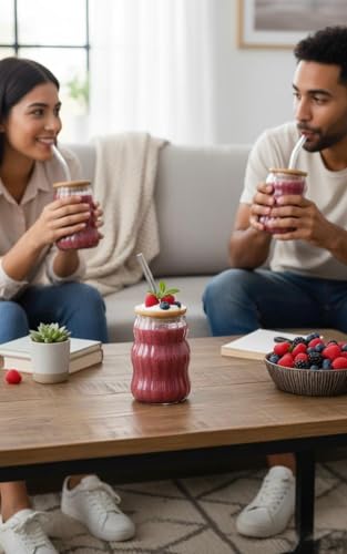 Image of SUANI Wave Shape Glass Tumbler with Lid and Straw, 500ml Transparent Drinking Glass Cup for Iced Coffee, Cold Coffee, Juice, Smoothies, Milk, Tea and Beverages, Pack of 2