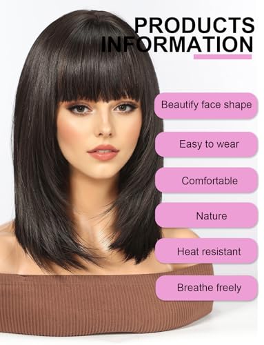 WOKESTAR Staright Wig with Fringe Synthetic Mid-length Layered Wigs for Women Natural Black Color, 22 inches - Image 4