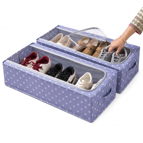 Image of DecorTwist Transparent Shoe Storage Box for Closet & Under Bed | Foldable Dustproof Plastic Organizer for Shoes, Clothes & Blankets | Style 2 | Pack of 2